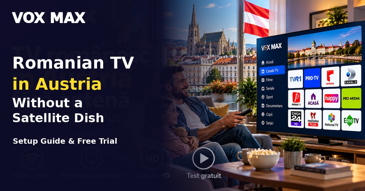 Family watching Romanian television in Austria with English article headline and TV streaming interface
