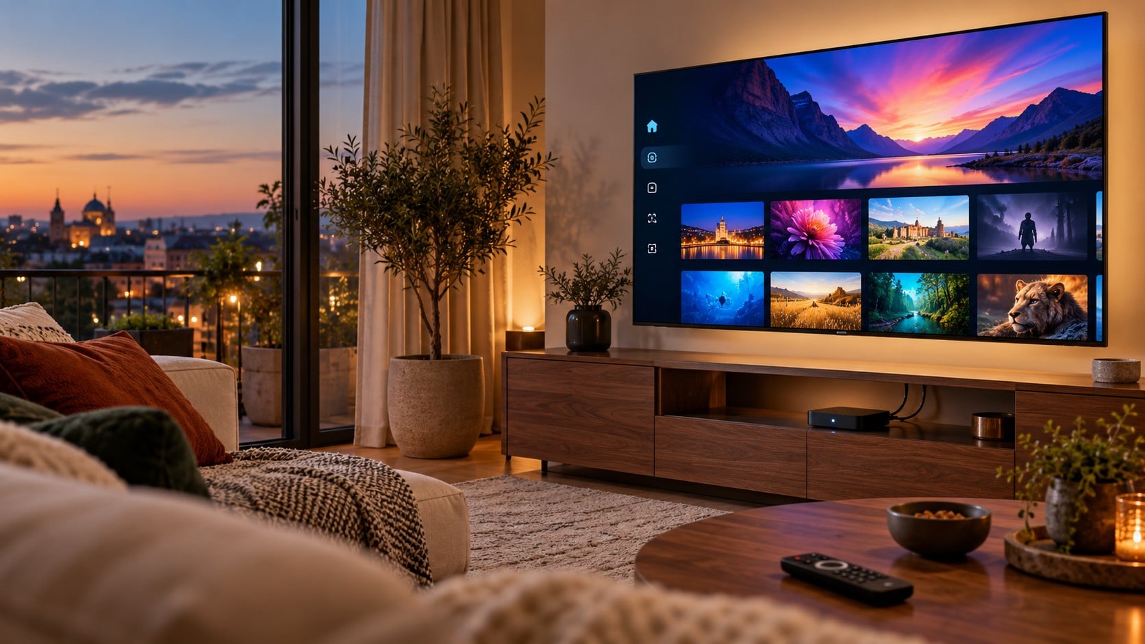 Television in a modern living room connected by HDMI to an Android TV streaming box