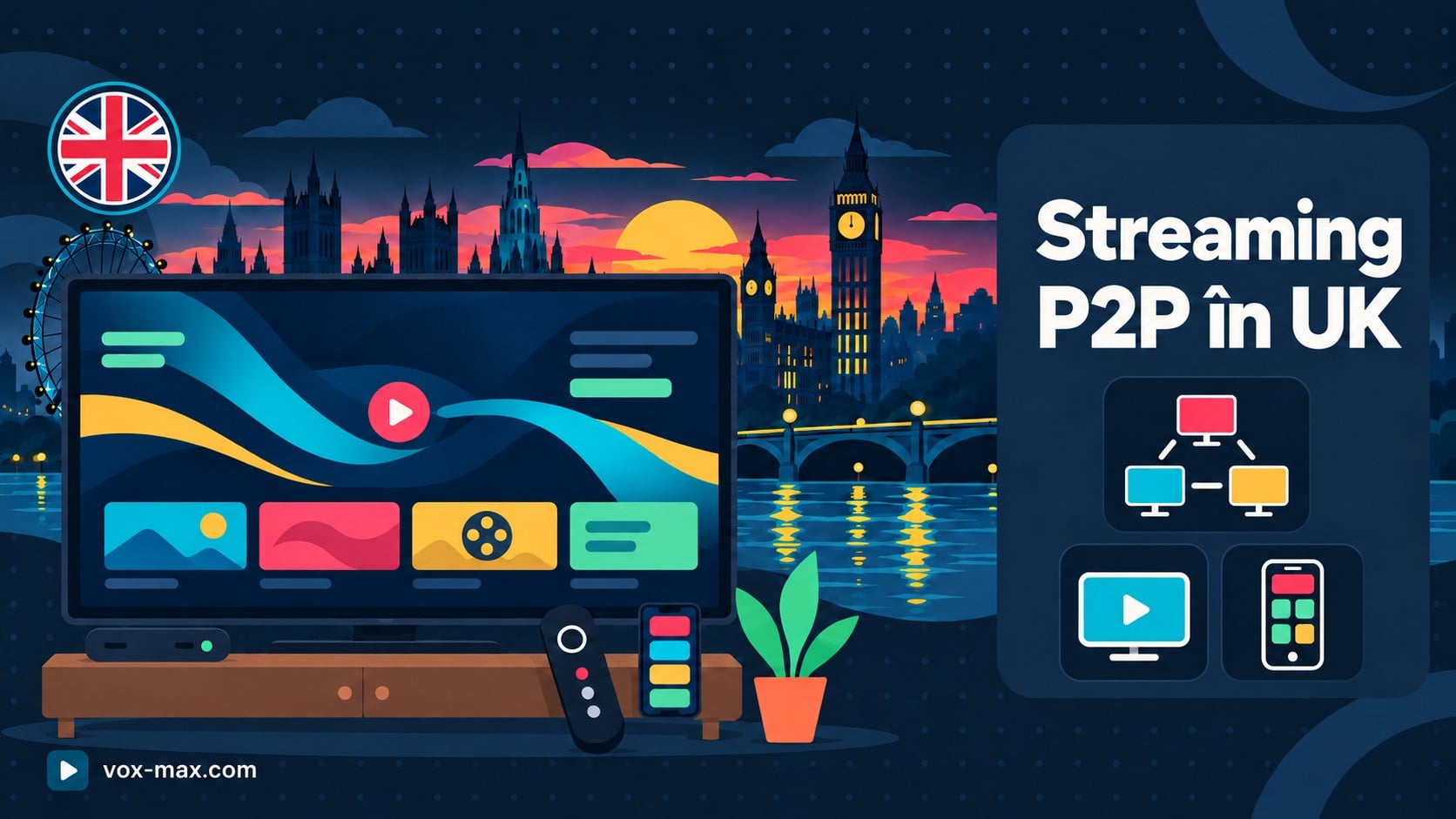 Grafică flat în dark mode pentru streaming P2P în UK, cu televizor mare și buton Play discret, pictograme colorate și steag britanic circular.
