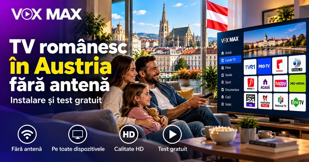 Familie urmărind TV românesc într-un living luminos din Austria, cu titlul ghidului și interfață TV
